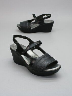NAOT 36 Ladies 5-5.5 Gallus Black Leather Wedge Platform Shoes Slingback Sandals